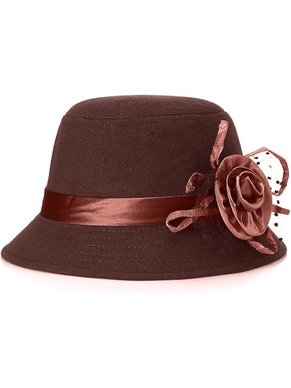 Women's Dark Coffee Vintage Felt Cloche inter Floral Fedora Imported Bucket Hat